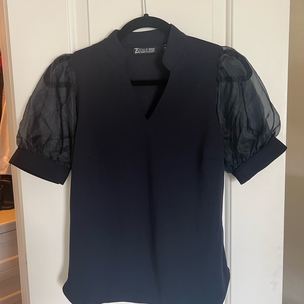 New York & Company Navy Puff Sleeve Blouse